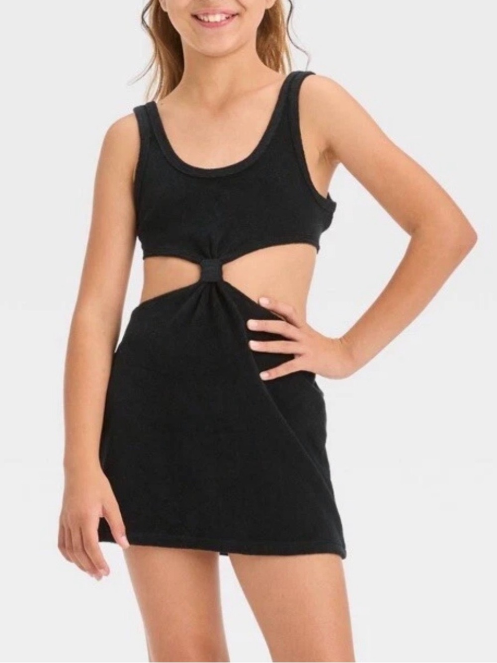 Art Class Girls Black Terry Cloth Knot Cutout Swimsuit Cover Up Dress Size S 6/7